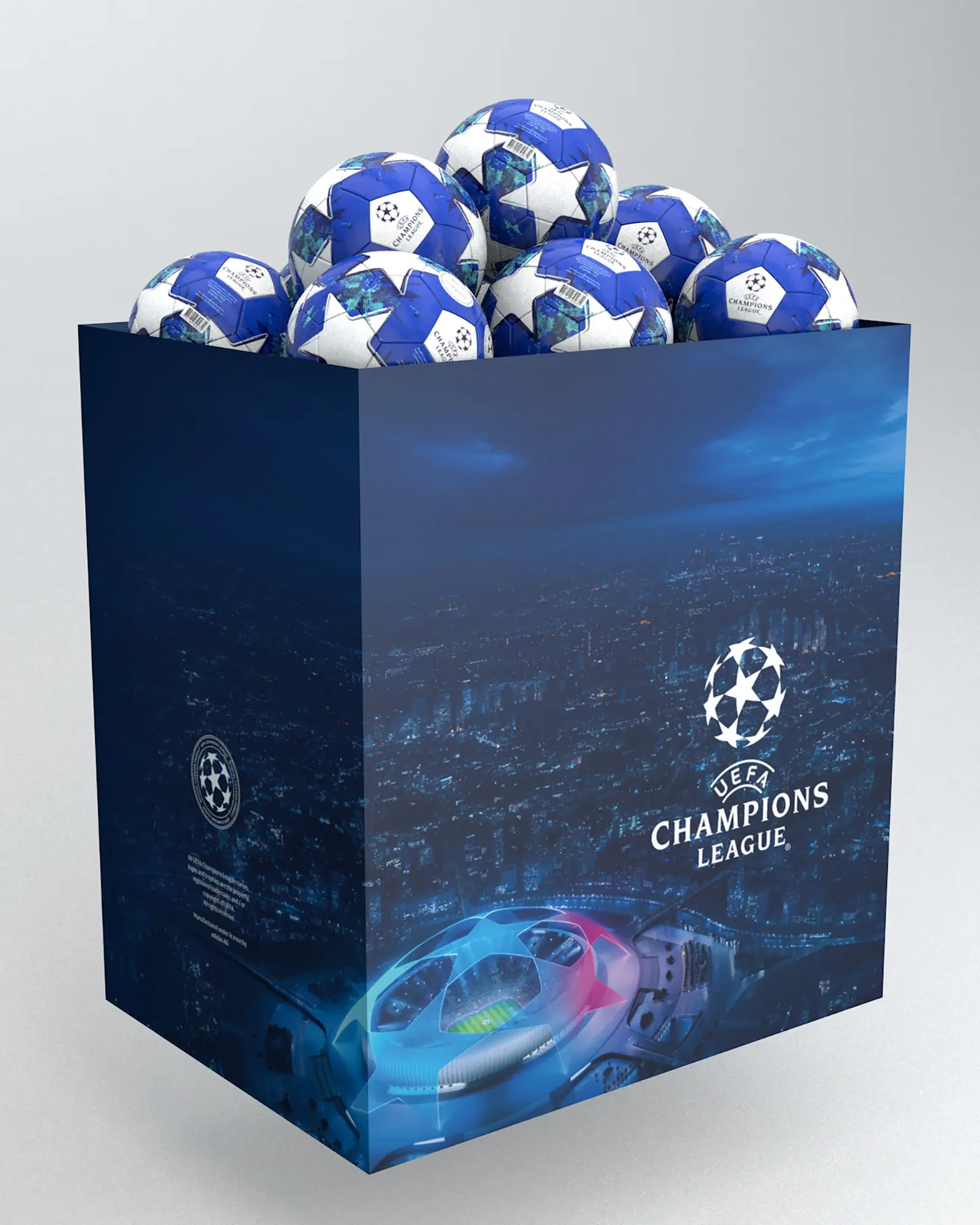 Verkaufsdisplay mit Champions-League-Bällen
